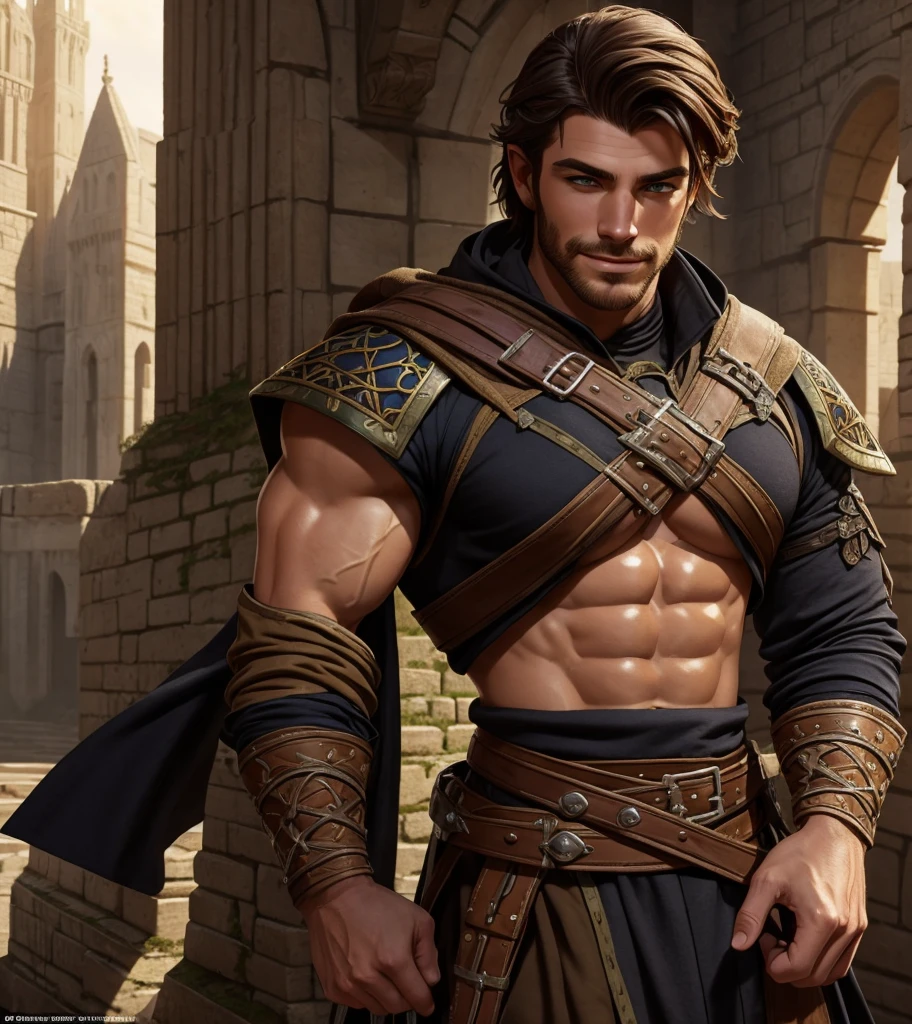 (((Solo character image.))) (((Generate a single character image.))) (((Dressed in medieval fantasy attire.))) (((Dressed in medieval fantasy attire.))) Cute guy. Hot guy. (((Dressed in medieval fantasy attire.))) (((Has Italian and Greek ethnic features.))) (((Bodybuilder physique.))) (((Strong baramanga influence.))) Looks like a fun-loving and heroic male adventurer for Dungeons & Dragons. Looks like a very attractive male adventurer for a high fantasy setting. Looks like a hot boyfriend. Looks like a handsome and rugged male adventurer for Dungeons & Dragons. Looks like a handsome male for a medieval fantasy setting. Looks like a Dungeons & Dragons adventurer, very cool and masculine hair style, black clothing, handsome, charming smile, adventurer, athletic build, excellent physique, confident, gorgeous face, gorgeous body, detailed and intricate, fantasy setting,fantasy art, dungeons & dragons, fantasy adventurer, fantasy NPC, attractive male in his mid 20's, ultra detailed, epic masterpiece, ultra detailed, intricate details, digital art, unreal engine, 8k, ultra HD, centered image award winning, fantasy art concept, digital art, centered image, flirting with viewer, best quality:1.0,hyperealistic:1.0,photorealistic:1.0,madly detailed CG unity 8k wallpaper:1.0,masterpiece:1.3,madly detailed photo:1.2, hyper-realistic lifelike texture:1.4, picture-perfect:1.0,8k, HQ,best quality:1.0,