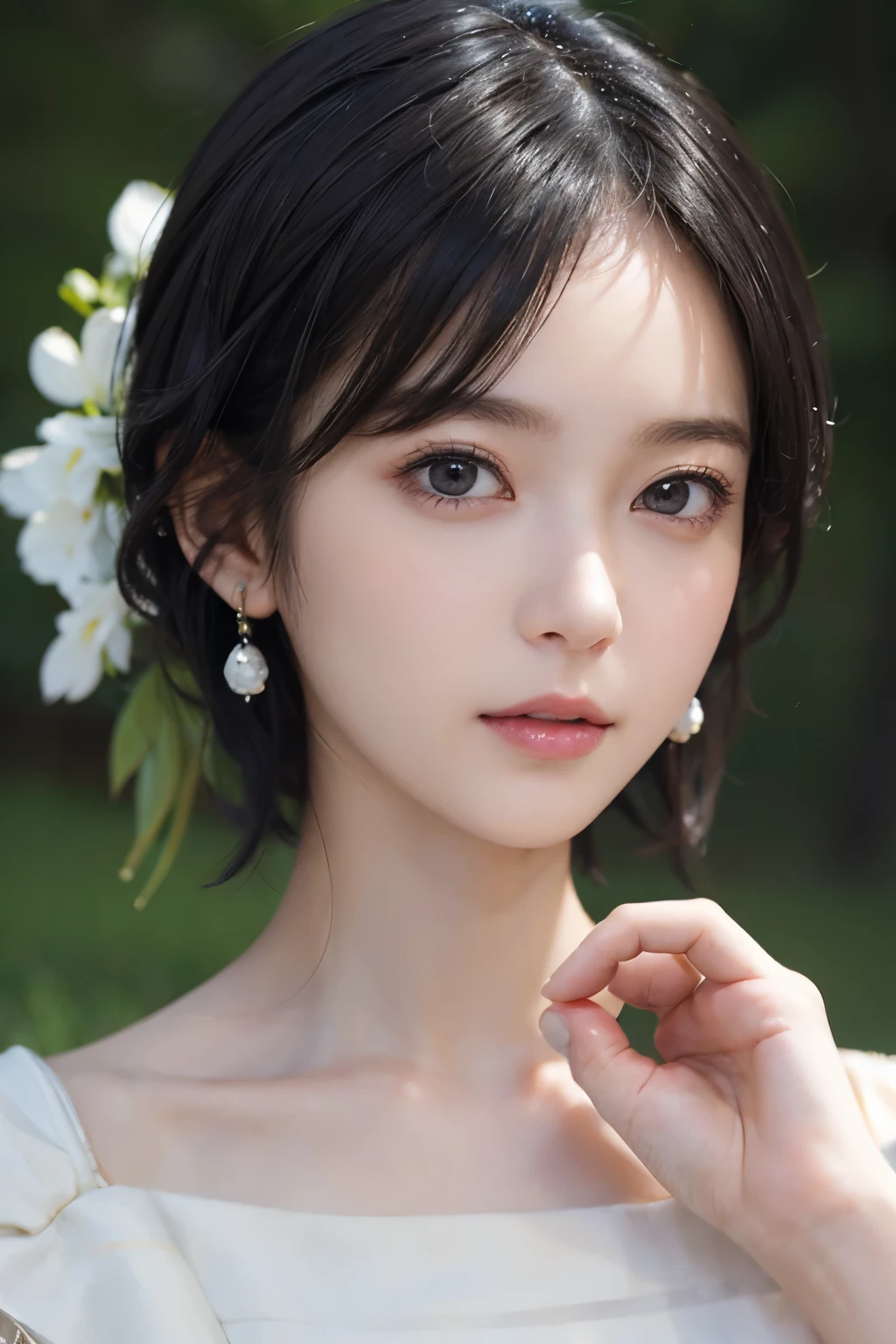 (((Black Short Hair))), (grassland), Seductive pose, 背景がgrassland、Image from chest up:1.6)、Close-up portrait of a woman wearing a white off-the-shoulder top dress and earrings, Soft portrait shot 8k, Nice delicate face, High-quality 4K portraits, High-quality portraits, Soft, perfect, pale skin, 8K Highly Detailed Face, なbeautiful繊細な顔, beautiful光の大きな目, Beautiful and realistic face, beautiful14Old woman, Beautiful and realistic face, cute14Old woman