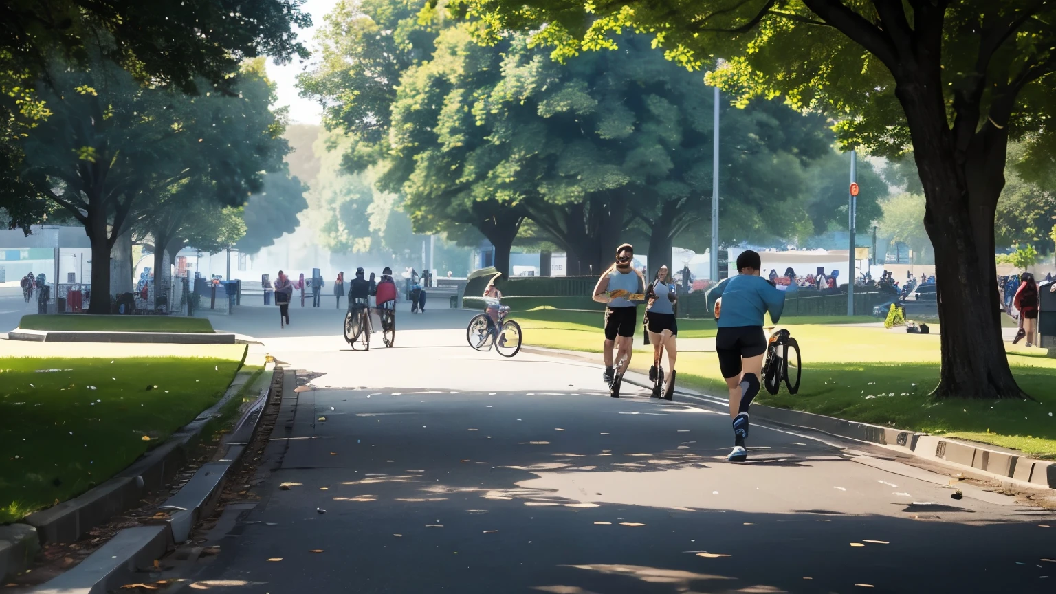 The morning scene in the City Park during the Car Free Day event. It was crowded with visitors who were jogging, cycling, exercising or just taking a walk. At the same time, several officers and local residents were chasing thieves and pickpockets who were caught in the act.