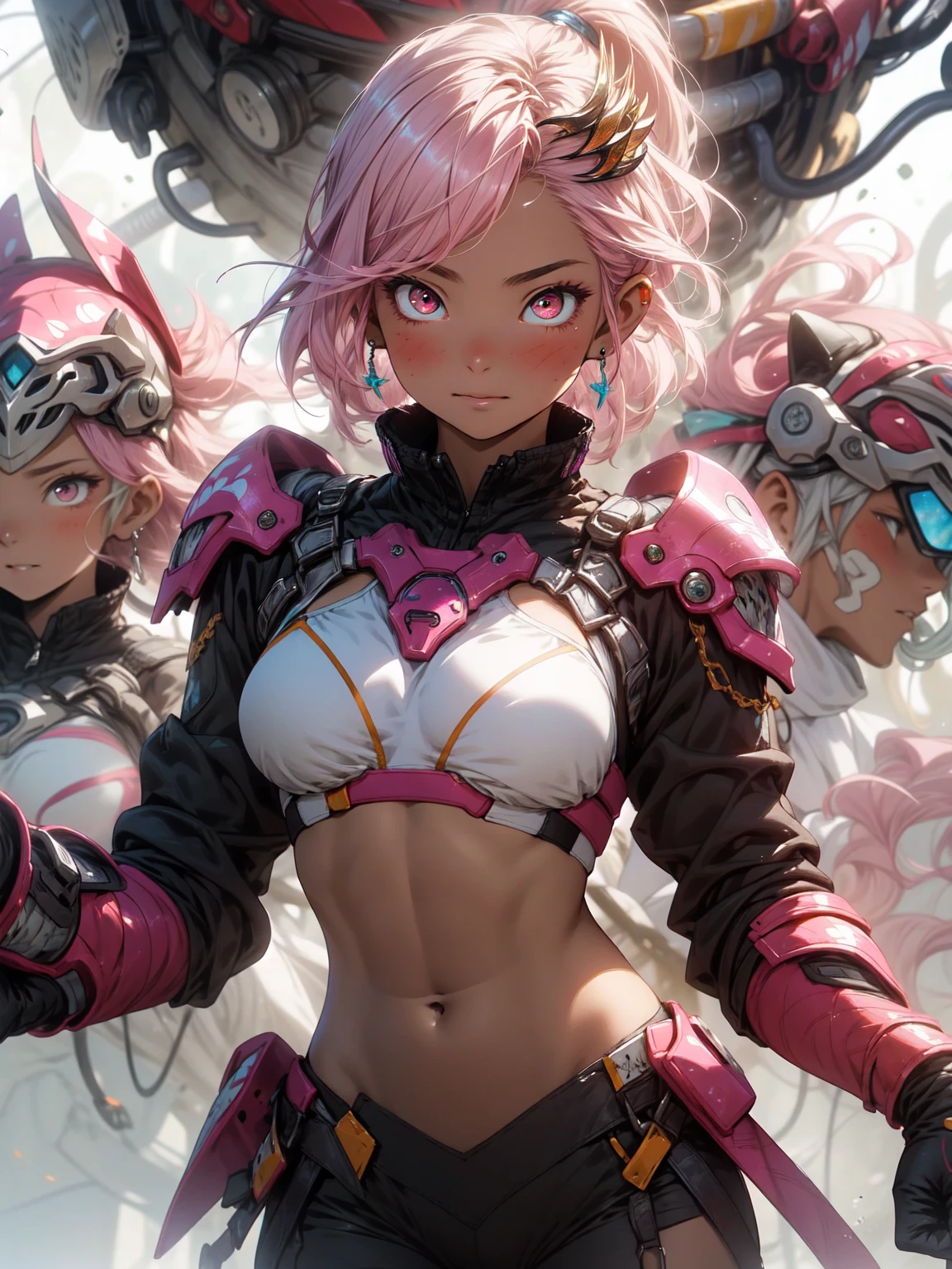 Be realistic，（masterpiece，Highest quality，Highest quality，Very detailed，Fractal Art，Most detailed，（Abstract background：1.5）（1 Girl），Kamimei，（Pink Hair Ponytail），（Red eyes glow、Big Breasts、Toned Abs，Stunned)，、crystallization，bikini、High leotard、Sexy、Pink Machine Armor、Sunburned skin、hair ornaments、Berserk、Large scratches