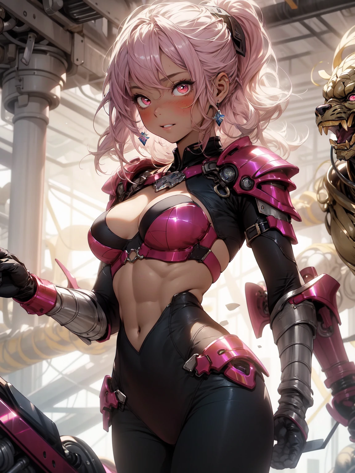 Be realistic，（masterpiece，Highest quality，Highest quality，Very detailed，Fractal Art，Most detailed，（Abstract background：1.5）（1 Girl），Kamimei，（Pink Hair Ponytail），（Red eyes glow、Big Breasts、Toned Abs，Stunned)，、crystallization，bikini、High leotard、Sexy、Pink Machine Armor、Sunburned skin、hair ornaments、Berserk、Large scratches