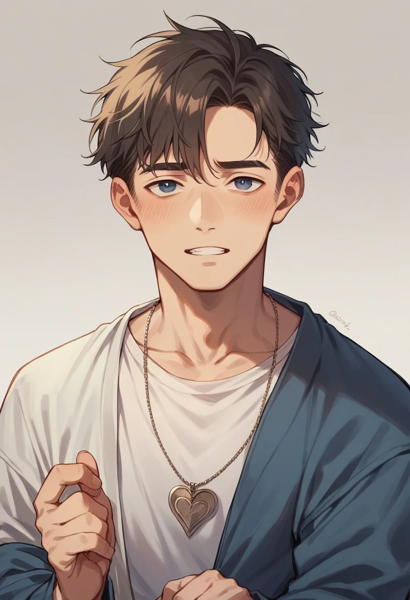 male。A hairstyle with the sides shaved and the top left、Wearing silver ring ear cuffs、Around her neck she wears a simple, thin silver chain necklace.、腕には青い数珠のブレスレットを付けている31歳の日本人male性。