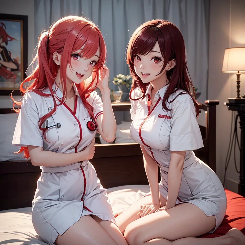 two beautiful young women, anime style, detailed faces, red hair, red eyes, delicate features, soft lighting, wearing nurse costume outfits, laughing and having fun, playful expressions, cozy and well-decorated bedroom, one sitting on the bed, the other standing nearby, various cosplay accessories scattered around, vibrant and inviting room lighting, dynamic pose, Japanese anime style, high quality, highly detailed, 8k resolution, cinematic lighting, best quality, vibrant colors, Instagrammable, aesthetic, trendy