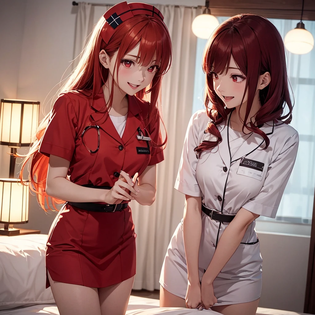 two beautiful young women, anime style, detailed faces, red hair, red eyes, delicate features, soft lighting, wearing nurse costume outfits, laughing and having fun, playful expressions, cozy and well-decorated bedroom, one sitting on the bed, the other standing nearby, various cosplay accessories scattered around, vibrant and inviting room lighting, dynamic pose, Japanese anime style, high quality, highly detailed, 8k resolution, cinematic lighting, best quality, vibrant colors, Instagrammable, aesthetic, trendy