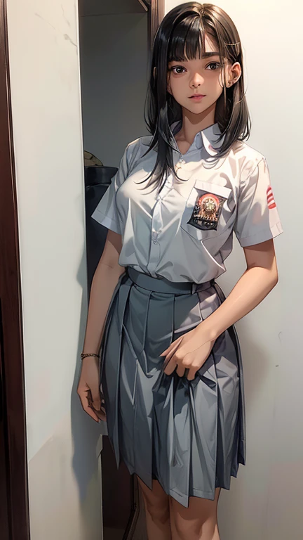 1 woman, 16 years old, ((very long straight haircut)), black eyes, Indonesian high-school uniform, white shirt, osis logo on shirt pocket, medium breasts, grey pleated skirt, half-shot, mature look