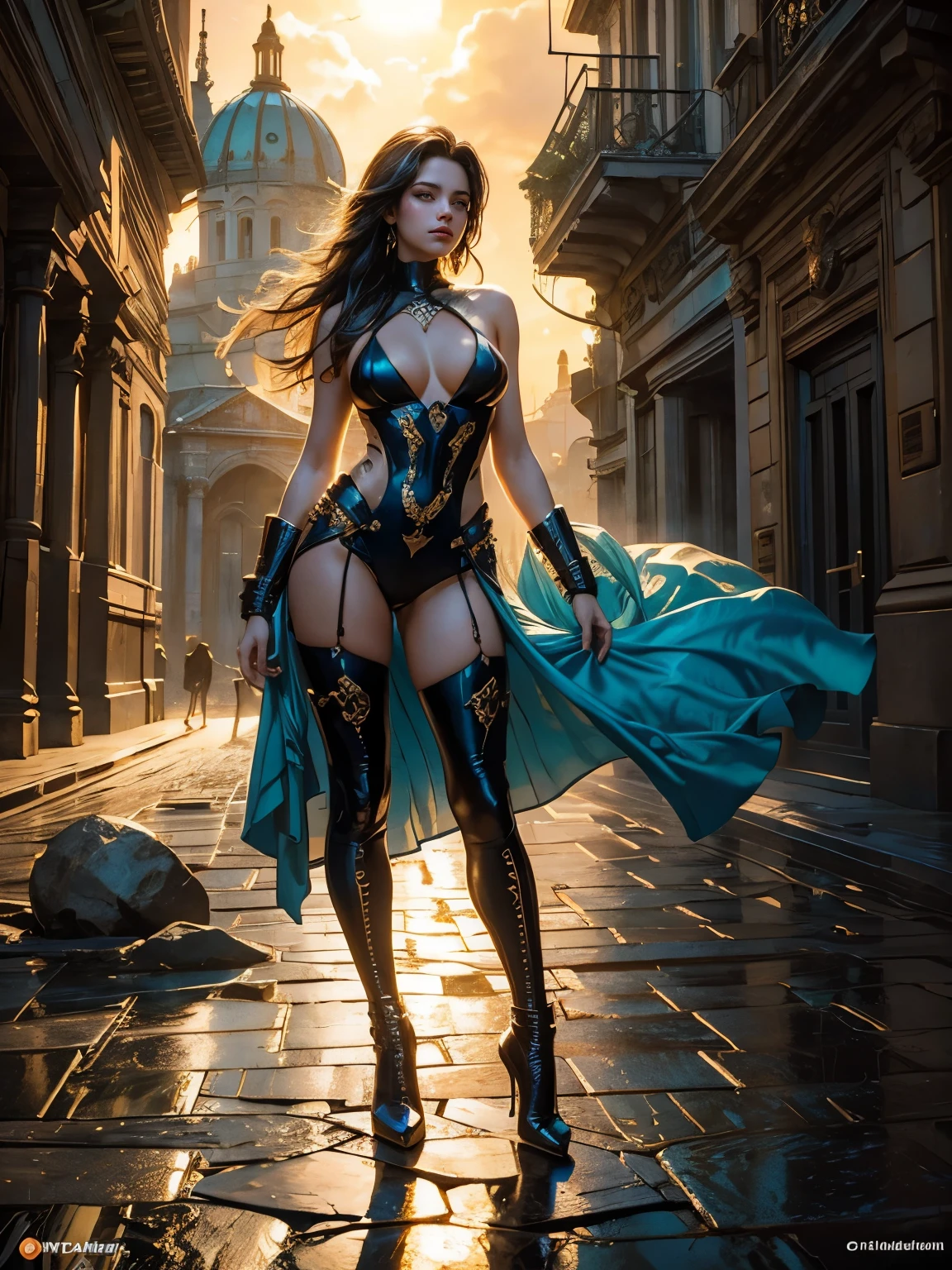 An Ultra Hot Gorgeous European Time Traveler in Cyberpunk Style, Age 23:

(Naked Masterpiece, Best Quality, Illustration, Oil Painting, Style of Michael Cheval, Sea)

In this masterpiece, a perfect 23-year-old European woman stands atop ancient ruins, gazing out towards the vast sea as the sun sets beyond the horizon. The scene is infused with the cyberpunk aesthetic, with the ruins adorned with neon lights reflecting off the wet cobblestones.

Despite her nakedness, she is elegantly positioned, her large breast and perfect hands captivating the viewer'