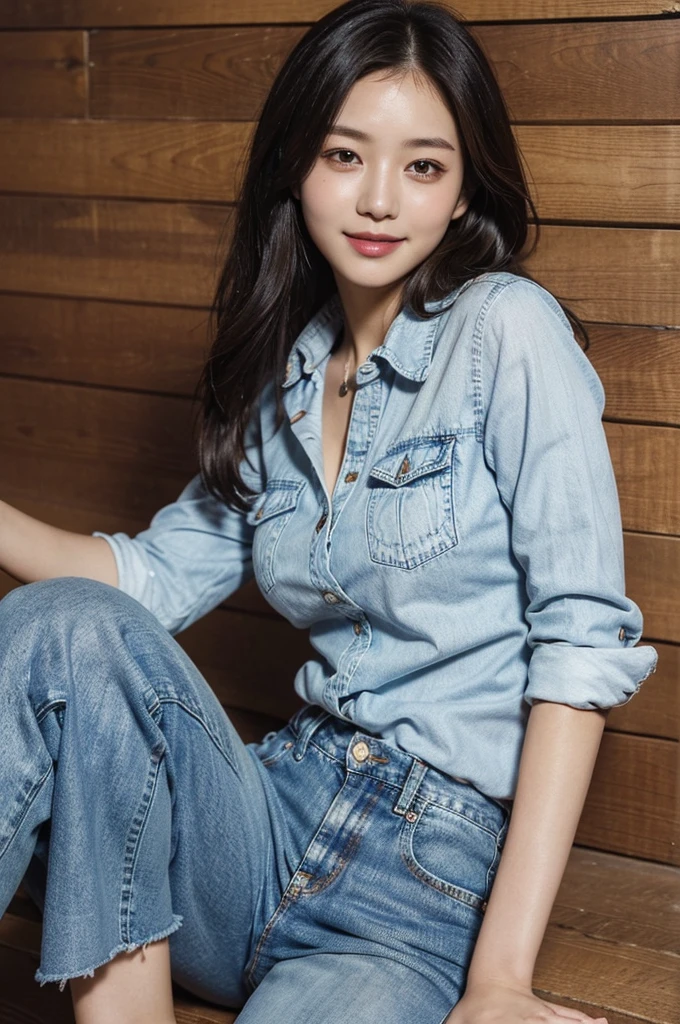 ((Highest quality)), ((masterpiece)), (detailed), Perfect face masutepiece, Best Quality, Illustration, Ultra-detailed, finely detail, hight resolution, 8K Wallpaper, Perfect dynamic composition, Beautiful detailed eyes, Women's Fashion Summer, denim shirt、Medium Hair,Small breasts natural color lip, Bold sexy poses,Smile,20 years girl、Cute、Sexy shot looking at camera、wide angle、full BODY、