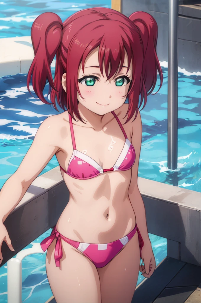 (((pixel-perfect, detail-perfect))), solo, 1girl, ruby kurosawa, smile, pool, bikini, flat filesize, ultra High Qality