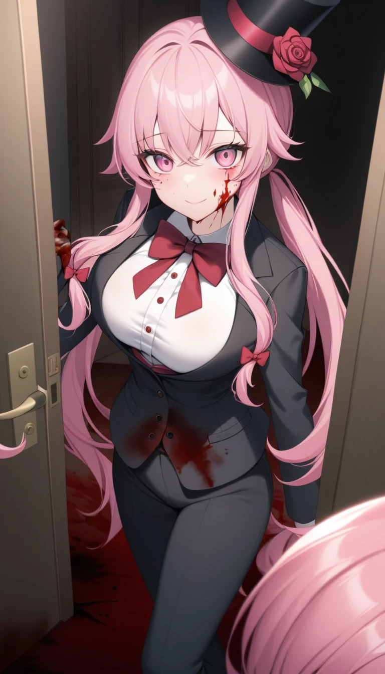 1girl, blood, pink_hair, hat, bowtie, bow, smile, top_hat, red_eyes, breasts, long_hair, blood_on_face, pants, large_breasts, red_bowtie, suit, door, red_bow, looking_at_viewer, flower, formal, rose, shirt, solo_focus, sidelocks, twintails, hat_flower, open_door, black_headwear, blood_on_hands, white_shirt, jacket, hair_between_eyes, black_pants, long_sleeves, pink_eyes, blood_on_clothes, buttons, closed_mouth, bangs