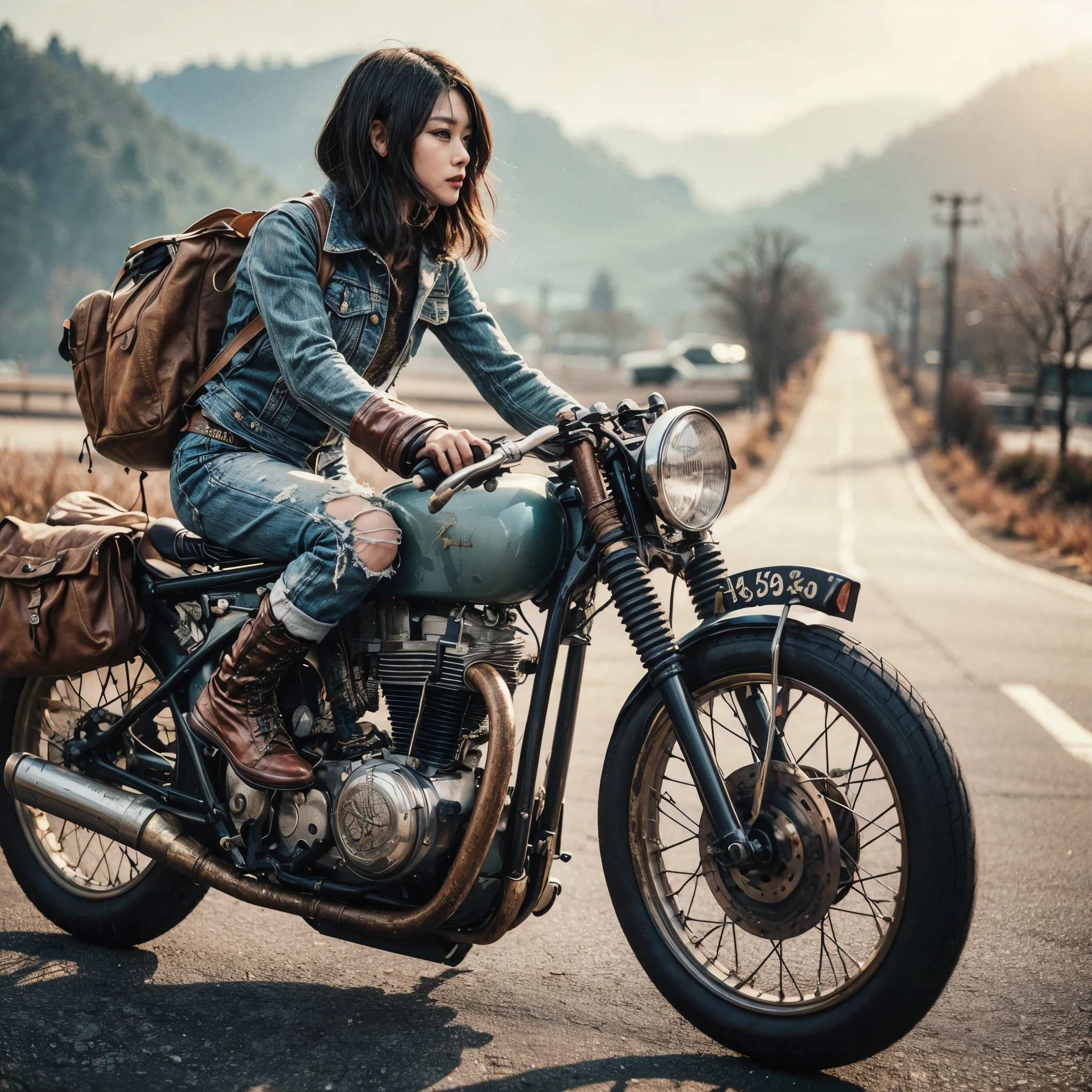 1950s, cafe racer, Japanese woman, riders wear, beautiful face, torn pants, very intricate details, metallic paint, single road in wilderness, realistic photo, taken with Fuji film X-T30+Nokton. HDR10