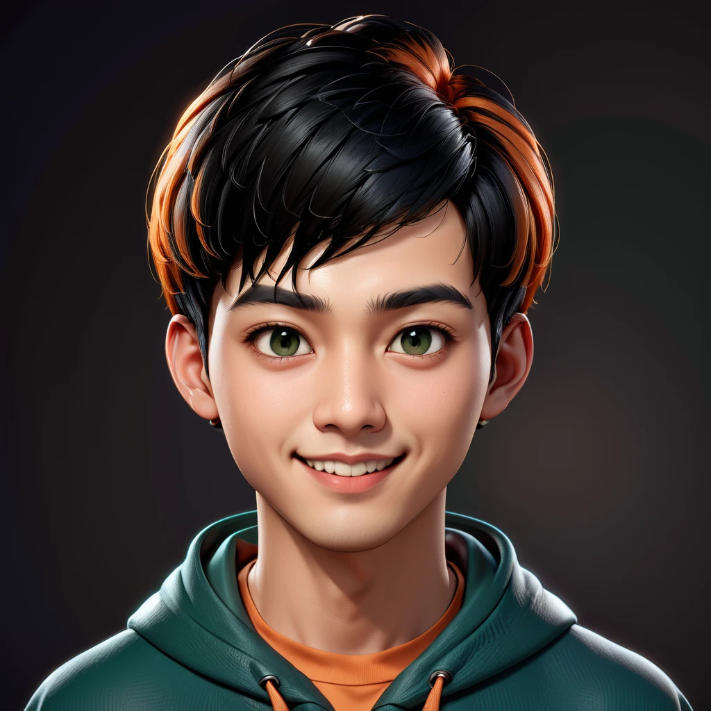 Create a cartoonish caricature 3D animation of a big-headed. a 19 year old Indonesian man. She has short black pixie cut hair. His face is oval with smooth lines, thick and neat black eyebrows, normal eyes, a small, sharp nose, and thin lips with a wide, friendly smile. He wore a dark green hoodie over an orange t-shirt. Gradient blue background with professional lighting. masterpiece, top quality, highly detailed skin and face, ultra-realistic, high definition, studio lighting, sharp focus, 2/3 body angle, Concept Art.