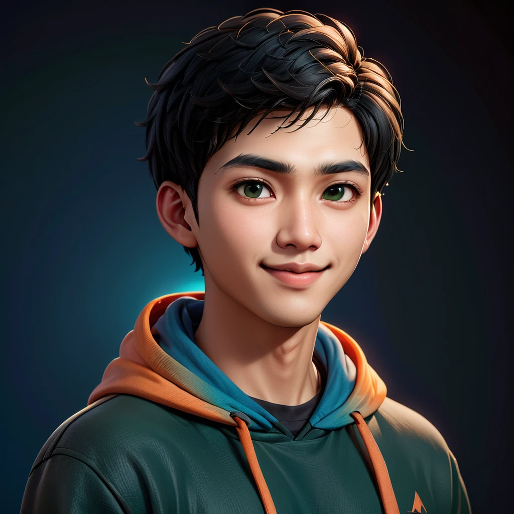 Create a cartoonish caricature 3D animation of a big-headed. a 19 year old Indonesian man. She has short black pixie cut hair. His face is oval with smooth lines, thick and neat black eyebrows, normal eyes, a small, sharp nose, and thin lips with a wide, friendly smile. He wore a dark green hoodie over an orange t-shirt. Gradient blue background with professional lighting. masterpiece, top quality, highly detailed skin and face, ultra-realistic, high definition, studio lighting, sharp focus, 2/3 body angle, Concept Art.