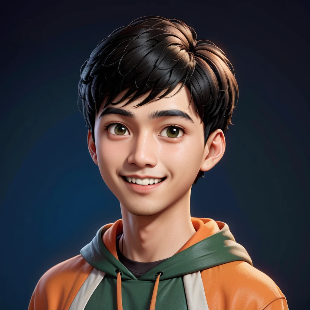 Create a cartoonish caricature 3D animation of a big-headed. a 19 year old Indonesian man. She has short black pixie cut hair. His face is oval with smooth lines, thick and neat black eyebrows, normal eyes, a small, sharp nose, and thin lips with a wide, friendly smile. He wore a dark green hoodie over an orange t-shirt. Gradient blue background with professional lighting. masterpiece, top quality, highly detailed skin and face, ultra-realistic, high definition, studio lighting, sharp focus, 2/3 body angle, Concept Art.