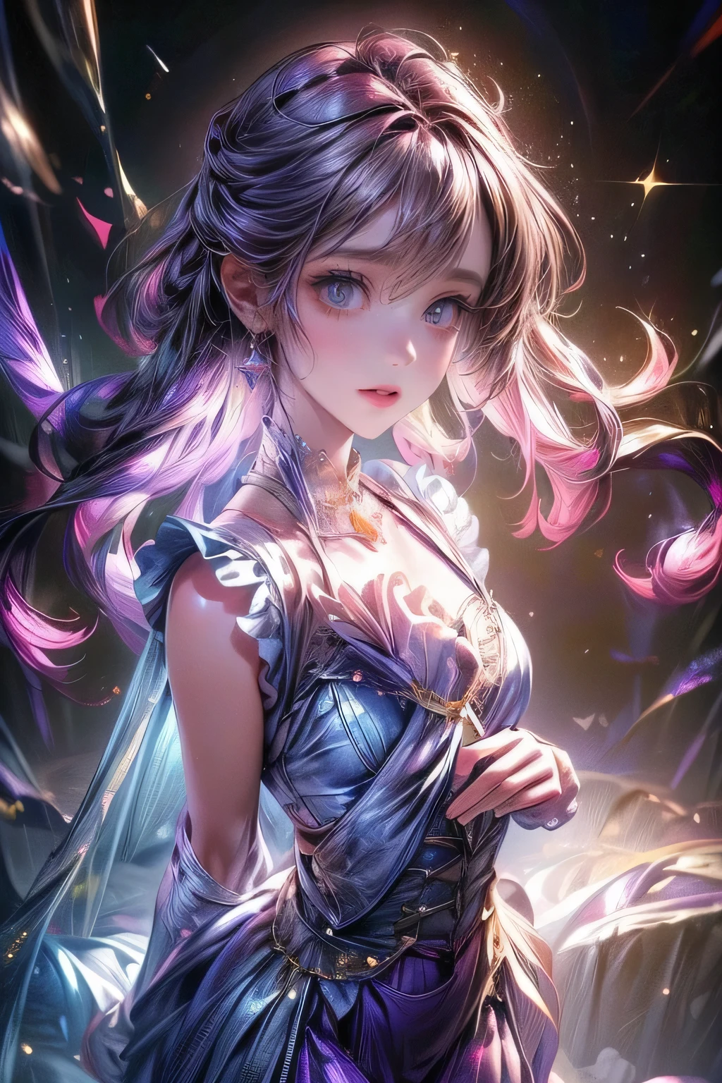 masterpiece, (highest quality), ((Most detailed)), Depth of written boundary, Beautiful girl, Beautiful Face, night,Silver Hair,Blunt bangs,Blue Eyes,Pink Cheeks,pajamas, Spirit, flower, Colorful landscapes, Flowers, butterfly, Glowing Dress, element