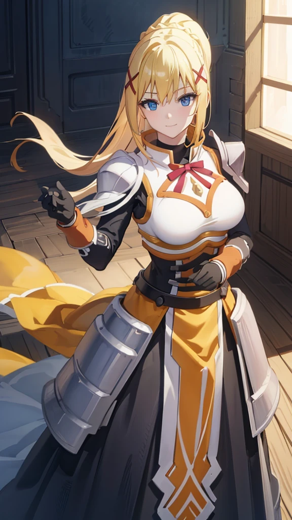 masterpiece, best quality, high resolution, unity 8k wallpaper, (illustration:1.1), ultra-detailed face, extremely detailed CG,
perfect anatomy, nice hands, perfect hands,
darkness,
darkness \(konosuba\),
1girl,
long hair, ponytail, x hair ornament,
blonde hair,
(blue eyes:1.2), (beautiful detailed eyes:1.5),
looking at viewer,
smile,
armor, pauldrons, shoulder armor, long skirt,
(large breasts),
black gloves,
cowboy shot,
dynamic pose,
shoot from above,
perfect lighting,
background of indoor,