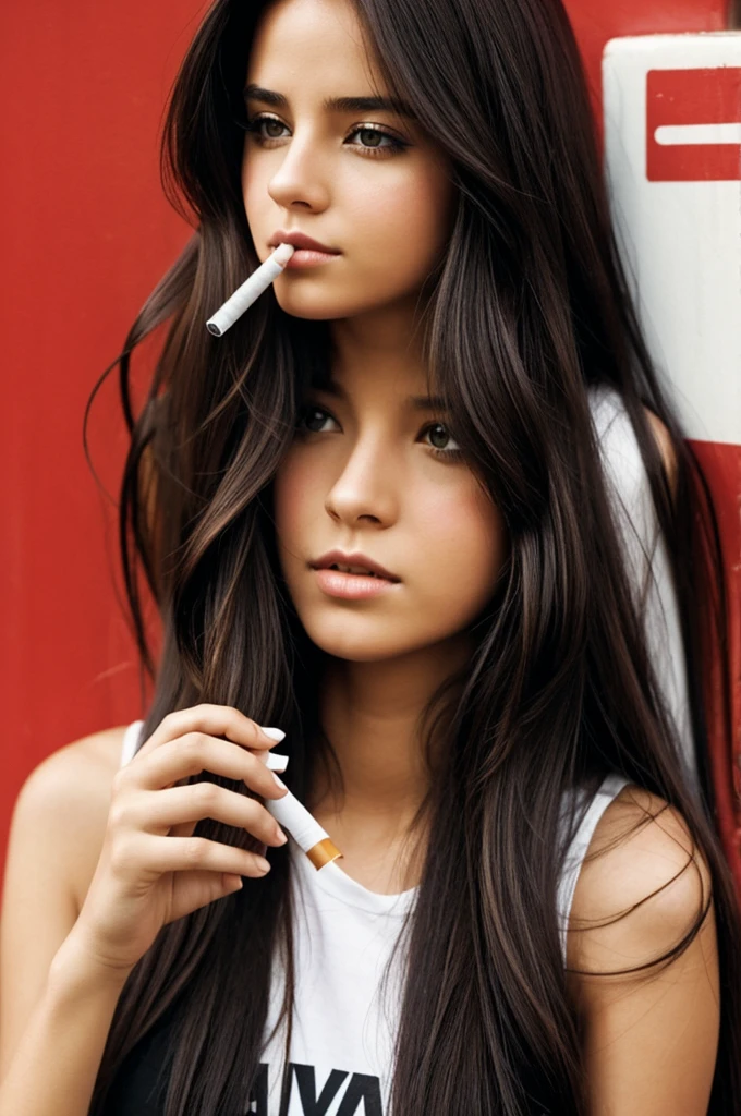 Girl with long hair cigarettes with pop names "wyda"