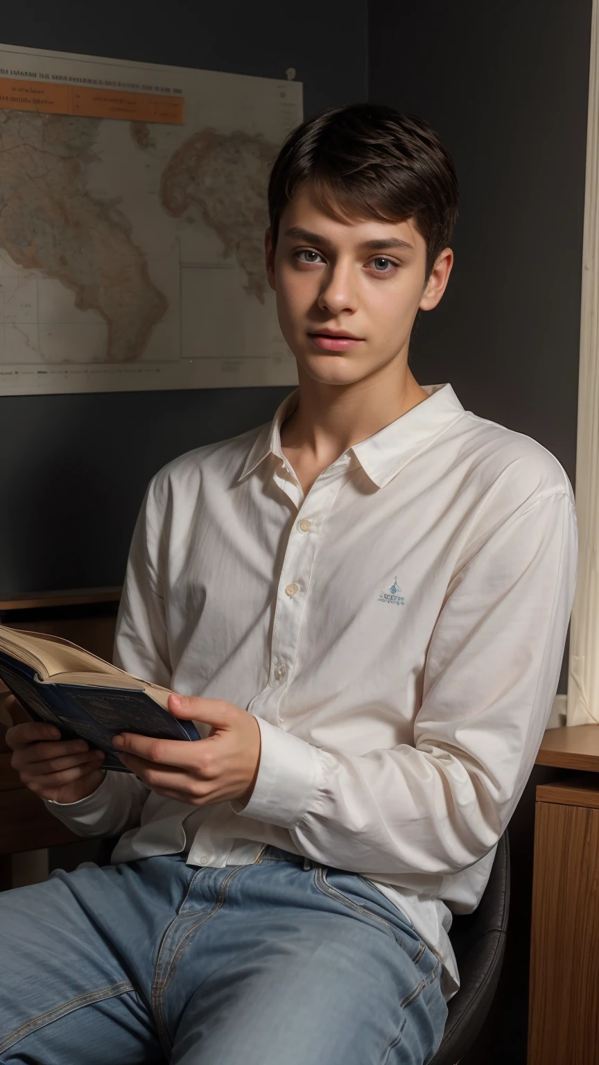 A cute, beautiful, black-haired male twink is wearing a luxurious, bright white, long-sleeved shirt and jeans. He is sitting in his office, studying passionately in a medical book, and behind him is a blackboard with a mental map of calculus written on it. He looks in amazement and shock, and his eyes have dark circles under them.