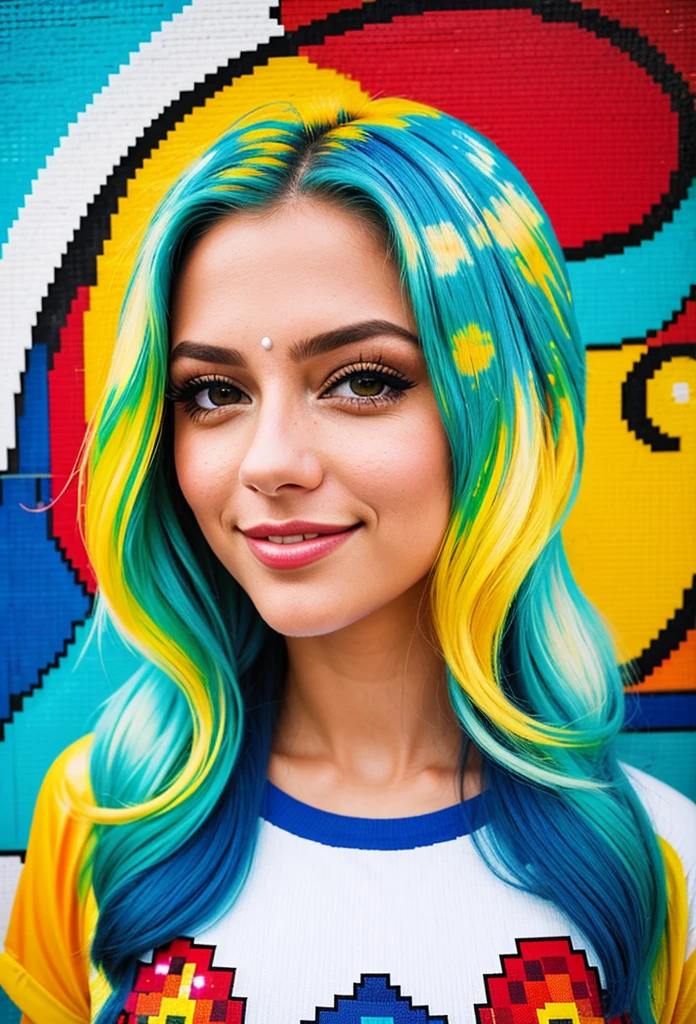 Beautiful woman,olhos detalhados,Detailed lips,sorriso bonito,Cabelos Longos,roupa elegante,camiseta branca,blue jeans,Jardineiras de ganga,pixel art printing,cores brilhantes,tons vibrantes,Retro style,Vibes vintage,Artistic background,urban backdrop,muro de grafite,Cityscape,parede de tijolos pintados,luz solar,luz natural suave,relaxed pose,confident expression,fashionable,Estilo moderno,olhar criativo