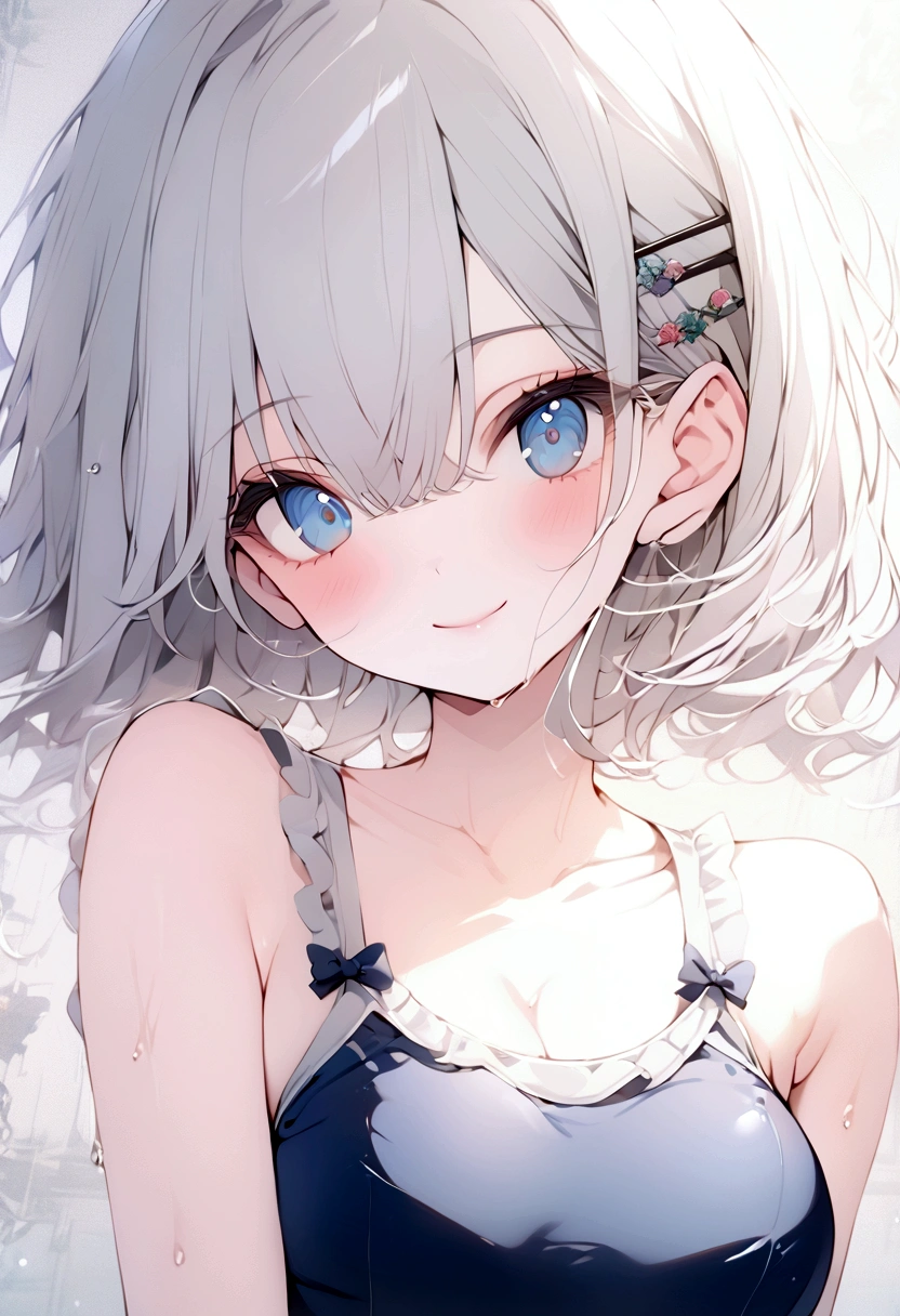 beautiful, masterpiece, Highest quality, anime, One girl, C Cup,Portrait Shot, View your viewers, Intricate details,>,((Covered、Short Hair、nearby、Blue Eyes、art、White hair,Blue streaked hair、wallpaper、hairpin、smile、silk_White frilly school swimsuit、Wet