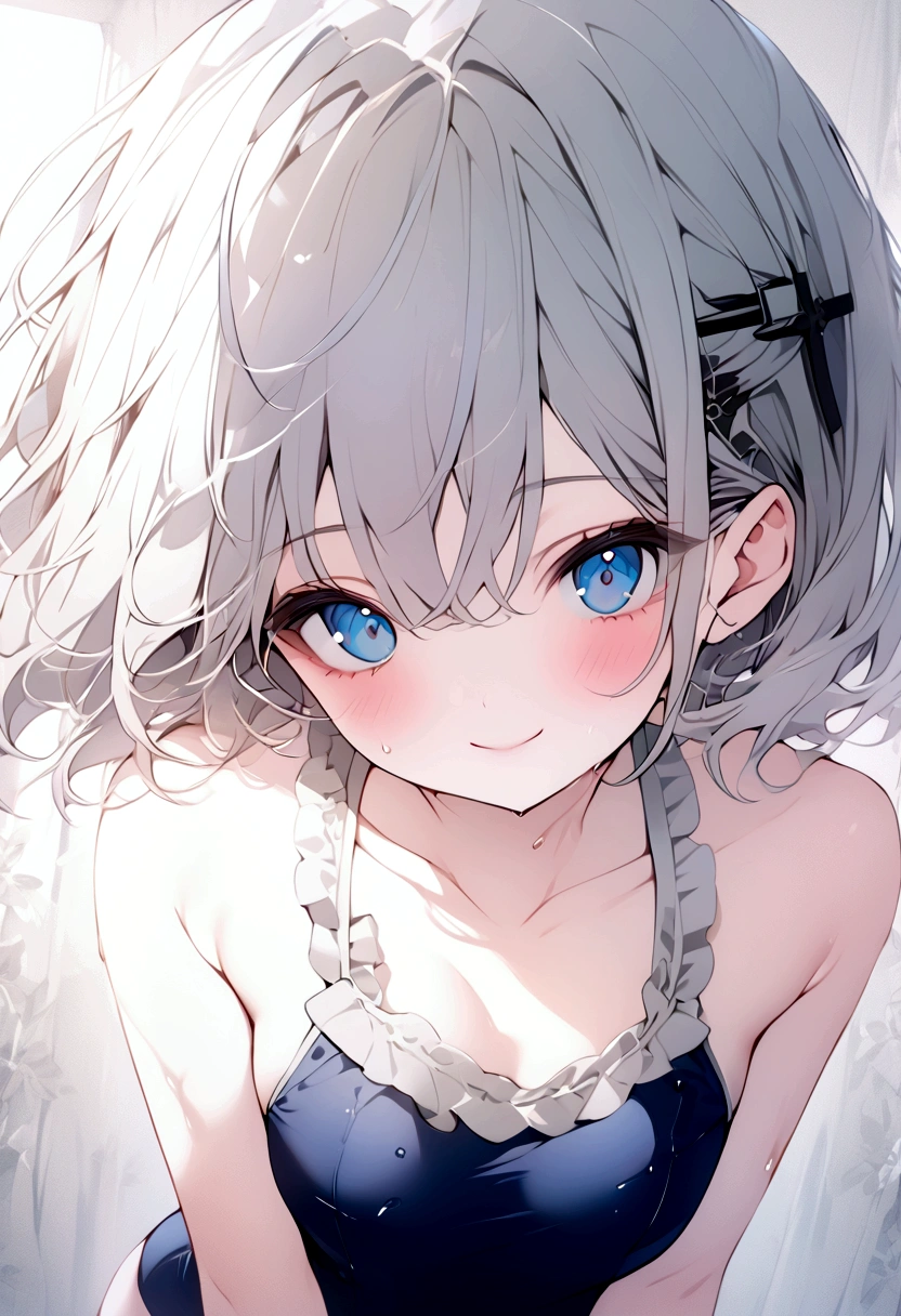 beautiful, masterpiece, Highest quality, anime, One girl, C Cup,Portrait Shot, View your viewers, Covered、Medium Hair、nearby、Blue Eyes、art、、White hair,Blue streaked hair、・Large breasts ・Lying on your back ・