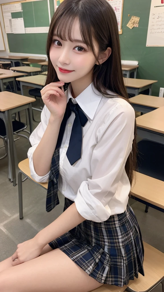Navy jacket、In detail, High resolution, high quality、Beautiful fine details, long hair, Natural color lip、1 person、Clear Skin、Shiny Hair、Tabletop, 最high quality, Super detailed, In detail, High resolution, 8k、Beautiful feet,Perfect beautiful face,KPOP idol faces,Ecstatic face、Cute face、smile、classroom,collared white shirt,knee length pleated skirt,tartan check skirt、Leg spread、panties