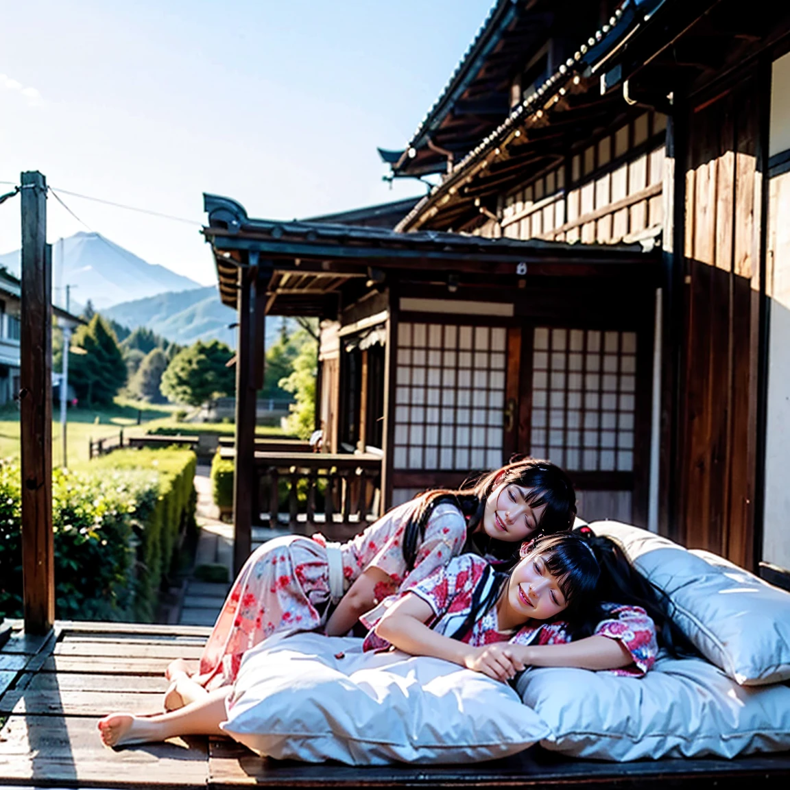 ((最high quality, 8k, masterpiece: 1.3, Ultra HD, high quality, 最high quality, High resolution, realism)) 、Beautiful Japan woman at 22 years old、Straight hair、smile、Slender body、Wear accessories on your wrist、Sitting on the balcony of a Japanese house in the countryside of Japan、(Sleeping on your back:1.6)、summer、Wind chimes are hanging from the eaves.、barefoot、fan、In front of the balcony is a courtyard.、wear a Yukata