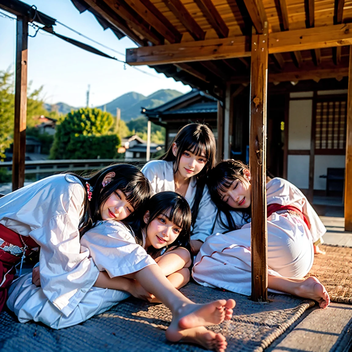 ((最high quality, 8k, masterpiece: 1.3, Ultra HD, high quality, 最high quality, High resolution, realism)) 、Beautiful Japan woman at 22 years old、Straight hair、smile、Slender body、Wear accessories on your wrist、Sitting on the balcony of a Japanese house in the countryside of Japan、(Sleeping on your back:1.6)、summer、Wind chimes are hanging from the eaves.、barefoot、fan、In front of the balcony is a courtyard.、wear a Yukata