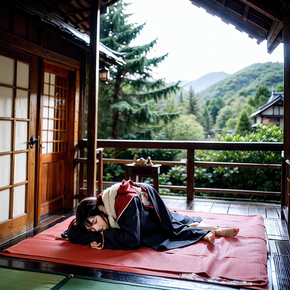 ((最high quality, 8k, masterpiece: 1.3, Ultra HD, high quality, 最high quality, High resolution, realism)) 、Beautiful Japan woman at 22 years old、Straight hair、smile、Slender body、Wear accessories on your wrist、Sitting on the balcony of a Japanese house in the countryside of Japan、(Sleeping on your back:1.6)、summer、Wind chimes are hanging from the eaves.、barefoot、fan、In front of the balcony is a courtyard.、wear a Yukata