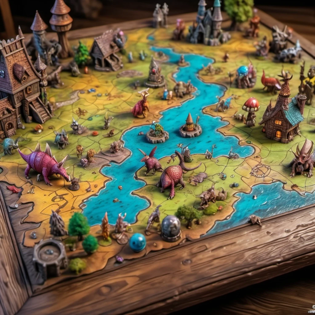 Miniature Wonderland, Role playing game map on old wooden table, Full of amazing creatures, rich and colorful, Vibrant colors, Deep Depth of Field, Sharp Focus 8K UHD, high quality, detailed, Surreal, masterpiece