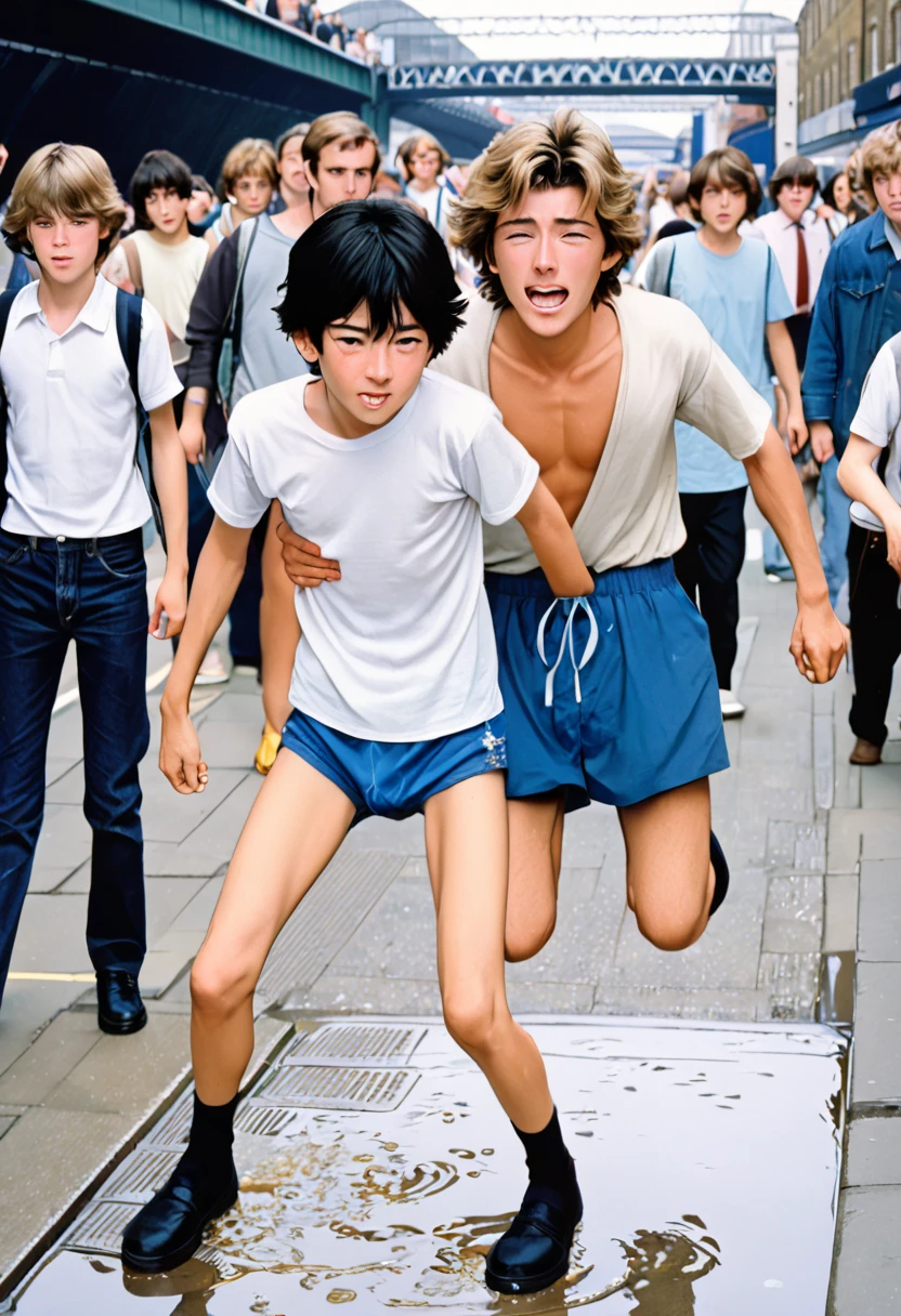 2boys, British and Japanese boys around ************，Live in 1985, Normal body shape is slightly short and thin，British boy wears a white t-shirt, blue short shorts with slit，Japanese boy wears a white t-shirt, black bloomers，In crowded areas of London Bridge，Cover they crotch and cry，Kneel on the ground and hold in the urine until they lose control and pee themselfs.