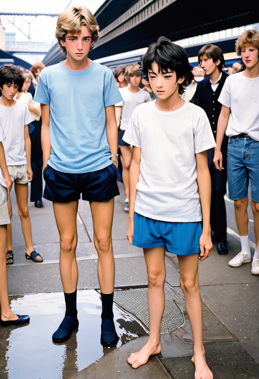 2boys, British and Japanese boys around ，Live in 1985, Normal body shape is slightly short and thin，British boy wears a white t-shirt, blue short shorts with slit，Japanese boy wears a white t-shirt, black bloomers，In crowded areas of London Bridge，Cover they crotch and cry，Kneel on the ground and hold in the urine until they lose control and pee themselfs.