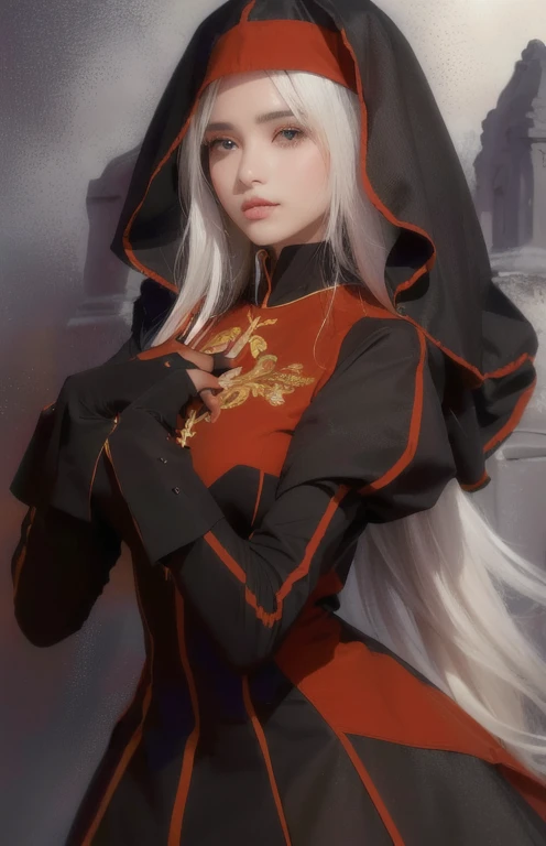((ultra realista)), ((imagem perfeita)), ((rosto perfeito)), ((ultra detalhado)), ((corpo inteiro)), ((corpo perfeito)),uma mulher de olhos dourados e cabelos brancos em vestindo uma roupa religiosa 