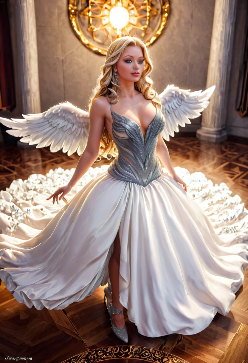 Arafed, a picture of a female angel in high society prom event, divine beautiful female angel, blond hair, long hair, flowing hair, the hair glows in a soft light, cerulean eyes, deep light eyes, divine beautiful face, folded white feather wings, she wears an evening dress, elegant, ((dynamic colored dress: 1.3)), intricate detailed dress, silk dress, she wears elegant high heeled boots, exquisite high heeled boots, high society prom room background, ((dynamic angle: 1.5) , soft torch light, (Masterpiece: 1.5), 16k, highres, best quality, high details, ultra detailed, masterpiece, best quality, (extremely detailed), AngelStyle, GlowingRunesAI_paleblue