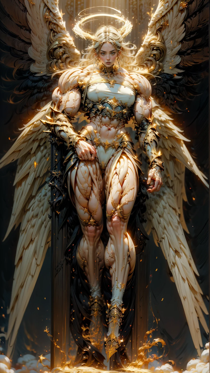 (cara delevingne), ((((((1 muscular angel girl)))))), (((huge upper body))), long hair, ((((huge angelic wings))), (((pale skin))), ((((full body front view)))), (((perfect hands, perfect fingers))), (((empty background)))