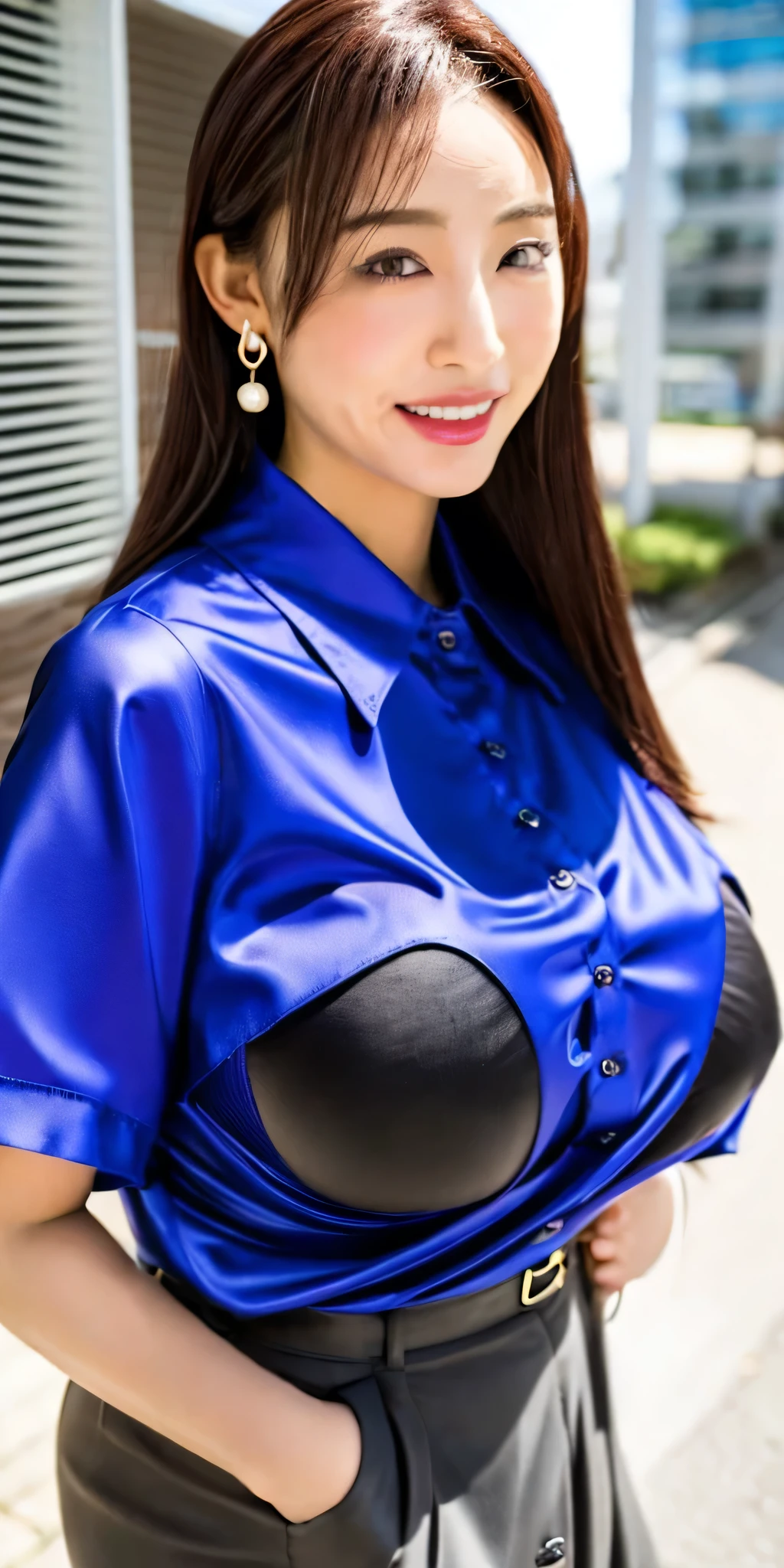 (8k, Highest quality, Raw quality, masterpiece:1.2), (Realistic, Photorealistic:1.37), Ultra-detailed, Very busty girl, (Very large breasts bigger than a face:1.75), (Button gap), Esbian all over, outside of home, (Tuned Hair:1.5) office lady, black office blazer, Office Skirt, (pantyhose: 1.2)、(Short Button Down Shirt:1.2)、Button-up collar prim、Button-down collar prim、here、(pantyhose:1.2)、Alpha Layer、High heels、Earrings Beautiful、cute、solo、Beautifully detailed skies、(Laughter:1.15)、(Mouth closed)、Very large face and larger breasts、Beautiful details in the eyes、business suit、(Straight Long Hair:1.75)、Floating hair NovaFrogStyle、