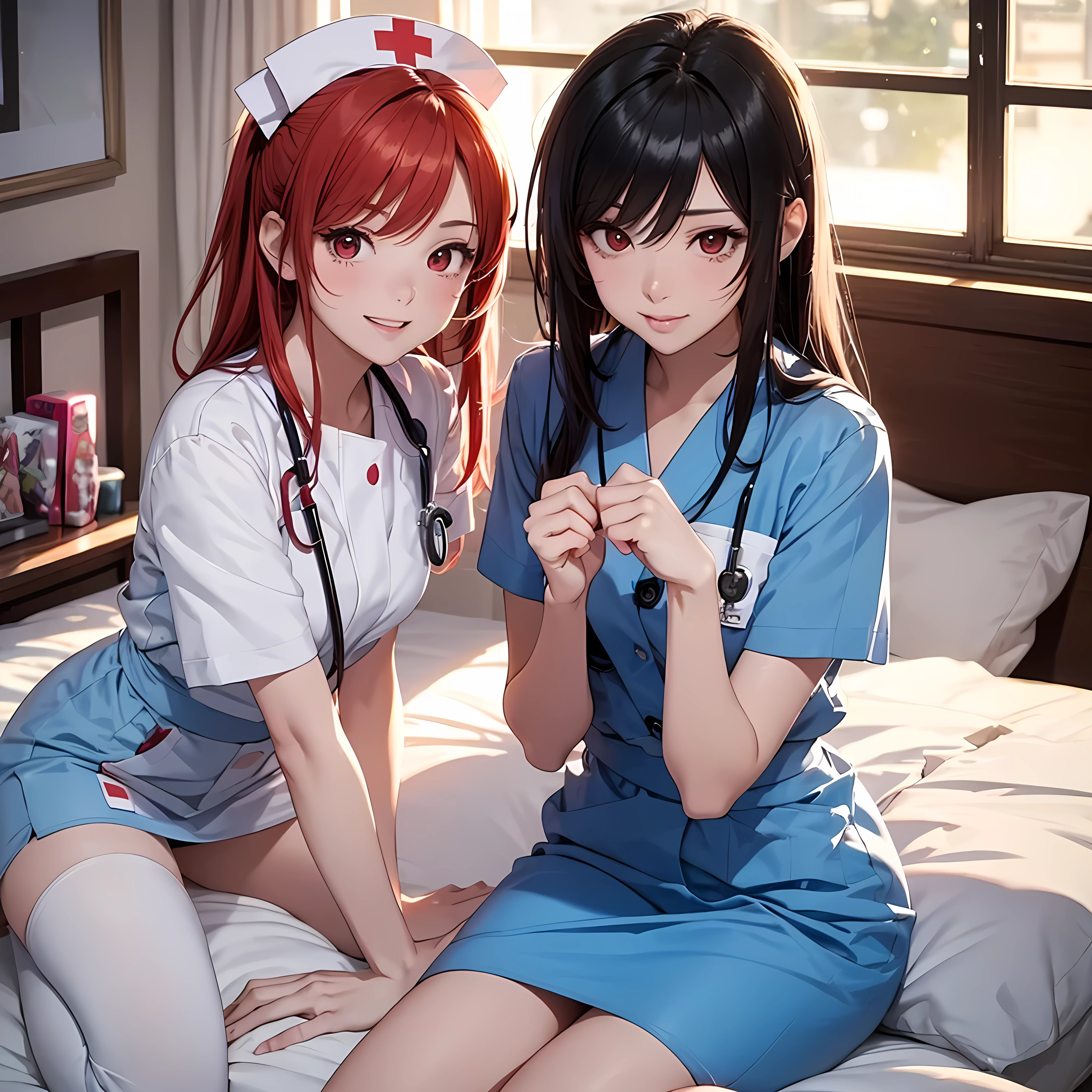 two beautiful young women, anime style, detailed faces, red hair, red eyes, delicate features, soft lighting, wearing nurse costume outfits, laughing and having fun, playful expressions, cozy and well-decorated bedroom, one sitting on the bed, the other standing nearby, various cosplay accessories scattered around, vibrant and inviting room lighting, dynamic pose, Japanese anime style, high quality, highly detailed, 8k resolution, cinematic lighting, best quality, vibrant colors, Instagrammable, aesthetic, trendy