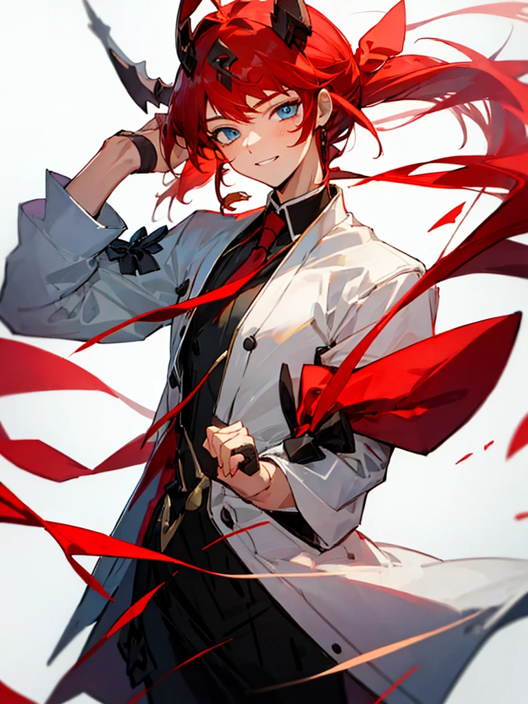 1 grown boy,Age 16, red hair,tie up hair, High quality, eyes, Have a cold eyes, smile, Chinese dress,holding a bow.