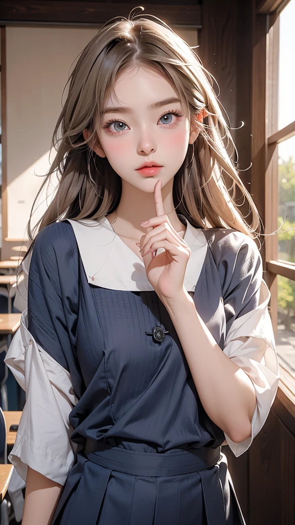 A beautiful high school girl who is half French and half Japanese、Anyway, her face is beautiful、Beautiful blue eye color、Beautiful long, straight, bright blonde hair、Please wear sailor uniforms, which are typical of Japanese school uniforms.。The background is a high school classroom、I have a really bad feeling about my mouth.。Please express your distress by placing your hands or fingers on your cheeks.。Please only take a close-up of your upper body。

