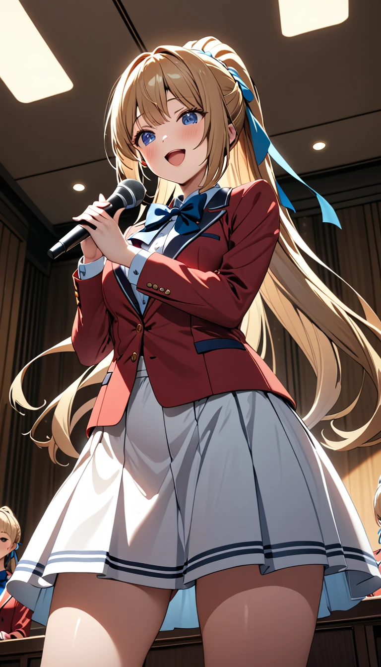 masterpiece, best quality, highres, ponytail hair, (single braid:1.2), hair ribbon, red blazer,buttoned blazer, blue bowtie, long sleeves, white skirt, singing in music room,smile,from below