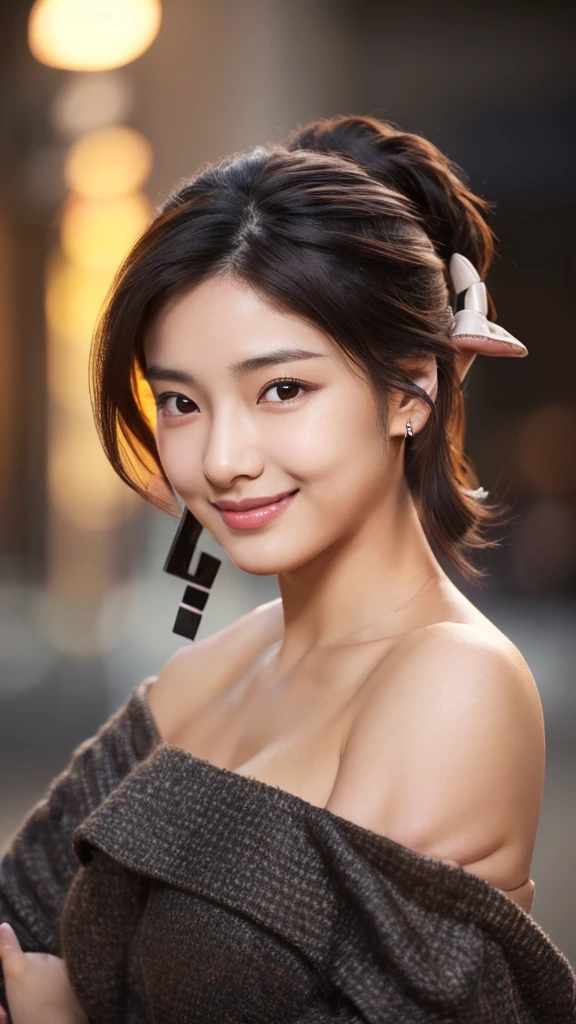 beautiful japanese woman, 20 years old, medium short length brown hair, medium sized breasts, (black off shoulder:1.5), beautiful detailed eyes, beautiful detailed lips, extremely detailed face, small head, small areola, smiling, standing, cinematic lighting, photorealistic, 8k, high quality, hyper detailed, (rough skin:1.3), look at me,The body is front