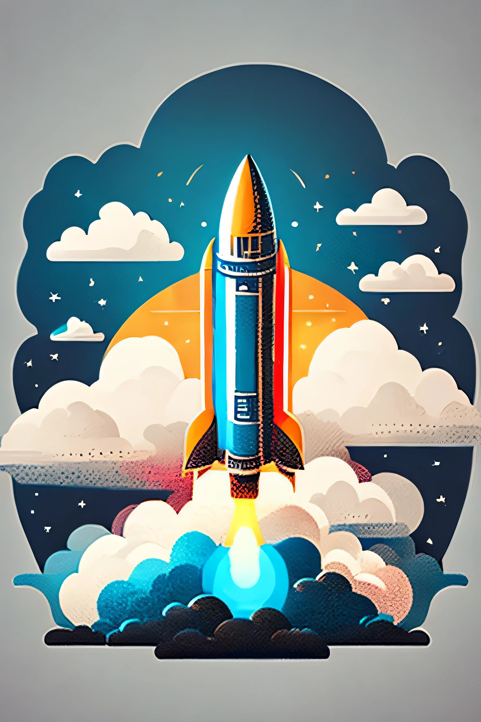 rocket launch with clouds, T-shirt design, Vector Art