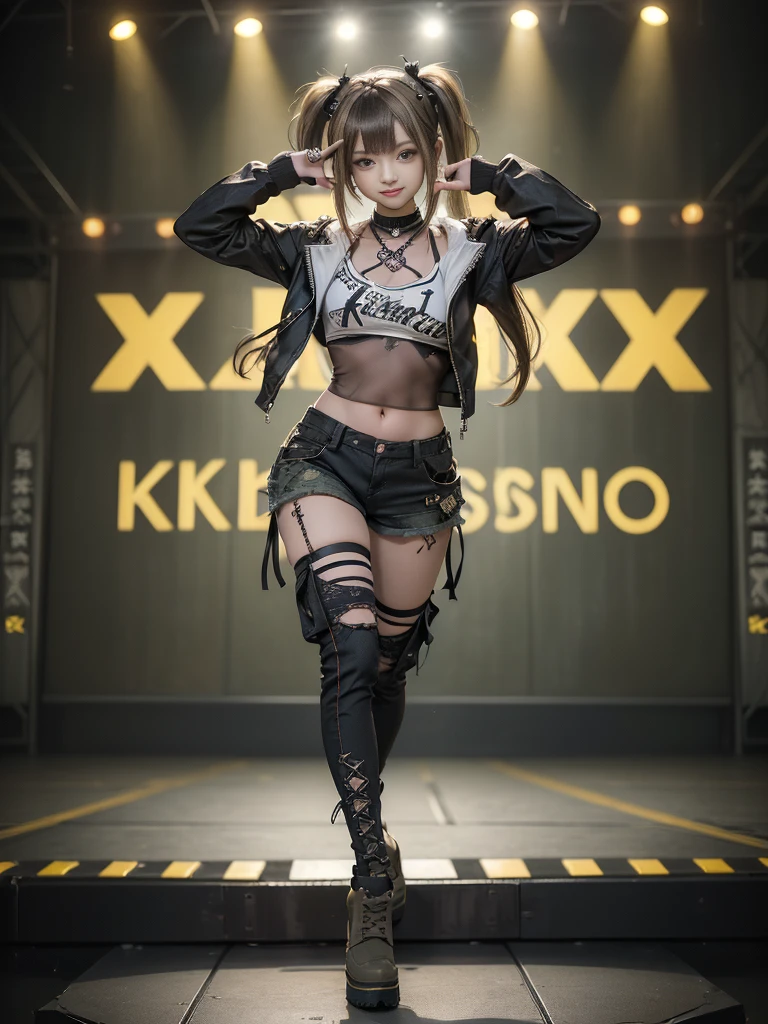 (Full Body View:1.2)、(Side view:1.1)、(Smiling with teeth showing:1.3),(Shibuya Gal:1.5)、(Beautiful hookers in Las Vegas:1.4)、(Neo-Goth Fashion:1.5)、(Punk RockVisual Kei:1.3)、(Futuristic white, black and denim bodysuit:1.5)、(A delicate denim and white cardigan:1.5)、(Gorgeous decorated corset:1.4)、(denim garter belt:1.5)、(Denim and white cargo pants:1.3)、(Heart-shaped silver accessories:1.5)、(Brown Skin Belt:1.4)、(Blue High Heels:1.4)、(Lace underwear:1.4)、20-year-old、Browsing Caution,((Highest quality、In 8K、masterpiece:1.3))、Sharp focus:1.2、(Layered Cut、Huge breasts:1.1),Beautiful woman with perfect figure:1.4、(Doing an aerobics pose:1.3)、Slim Abs:1.2、Butt、Highly detailed face and skin texture、Fine grain、double eyelid,(Twin tails:1.3)、(Brownish golden hair:1.3)、Obscene、Idol Sculpture、(The background is a sunny fashion show stage.:1.3)、(Slimming your legs:1.4)、(The body is slim:1.3)、(clavicle:1.1)