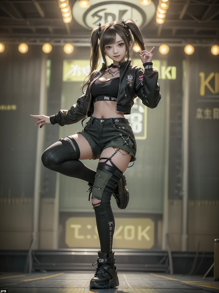 (Hostess:1.3)、(Smiling with teeth showing:1.3),(Shibuya Gal:1.5)、(y2k woman:1.4)、(Lolita Fashion:1.5)、(Punk RockVisual Kei:1.4)、(A modern short jacket in dark grey and moss green.:1.5)、(Tattered brown and charcoal denim low rise cargo pants:1.5)、(Mustard Yellow Headband:1.3)、(Charcoal and khaki striped knee socks:1.4)、collar、(Brown platform long boots)、(Clothing with logo pattern:1.4)、20-year-old、Browsing Caution,((Highest quality、In 8K、masterpiece:1.3))、Sharp focus:1.2、(Layered Cut、Huge breasts:1.1),Beautiful woman with perfect figure:1.4、(Doing an aerobics pose:1.3)、Slim Abs:1.2、Butt、Highly detailed face and skin texture、Fine grain、double eyelid,(Twin tails:1.3)、(Brownish golden hair:1.3)、Obscene、Idol Sculpture、(The background is a sunny dance stage:1.3)、(Slimming your legs:1.4)、(The body is slim:1.3)、(clavicle:1.1)