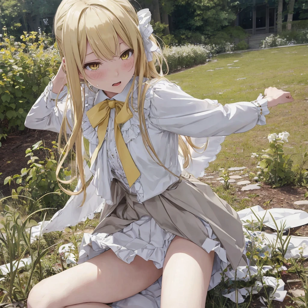 ((Highest quality)), ((masterpiece)), (detailed), Perfect Face, Anime Girls, High resolution, victorian anime ager, White and yellow dresses, blonde, Yellow Eyes, London, Are standing, whole body、, blush, wariza, Spread your legs,orgasm,blush, Sweat,White panties、Squat、Look at this、skirt、、Attacked by tentacles、Tentacles wrap around my legs、Tentacles in the crotch、Captured by tentacles、cry、shout、Ecstasy face、skirtの中の触手、Do not run away、Lying down、Torn clothes、skirtの下からスパッツが見えます、Spread your legs、Disheveled clothing、skirtをめくった、
