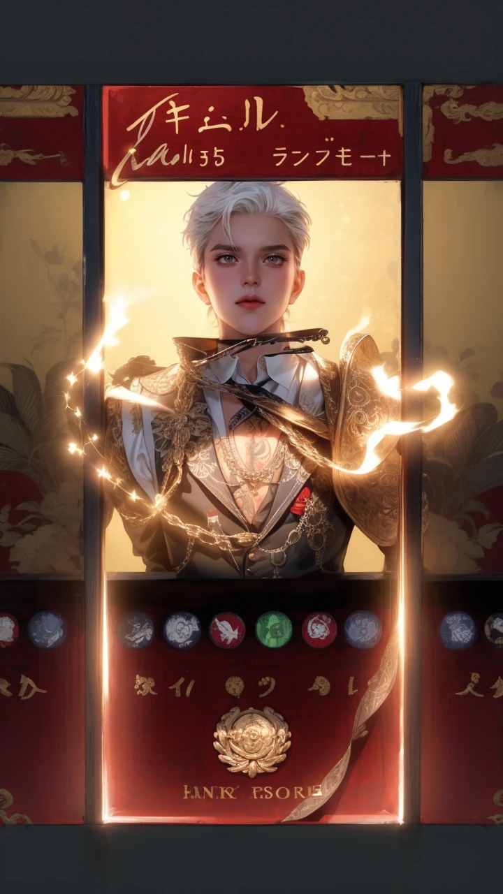 (masterpiece,best quality,ultra_detailed,highres,absurdres),1boy, male focus, tattoo, solo, white hair,chain, shirt, black necktie, necktie, simple background, yellow eyes, upper body, vest, short hair, looking at viewer, parted lips, collared shirt, round eyewear, long sleeves, neck tattoo, hand on own shoulder, arm tattoo, black shirt, red background, brown vest, monocle, jewelry (looking away:1.2)