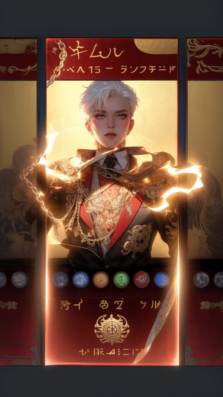 (masterpiece,best quality,ultra_detailed,highres,absurdres),1boy, male focus, tattoo, solo, white hair,chain, shirt, black necktie, necktie, simple background, yellow eyes, upper body, vest, short hair, looking at viewer, parted lips, collared shirt, round eyewear, long sleeves, neck tattoo, hand on own shoulder, arm tattoo, black shirt, red background, brown vest, monocle, jewelry (looking away:1.2)
