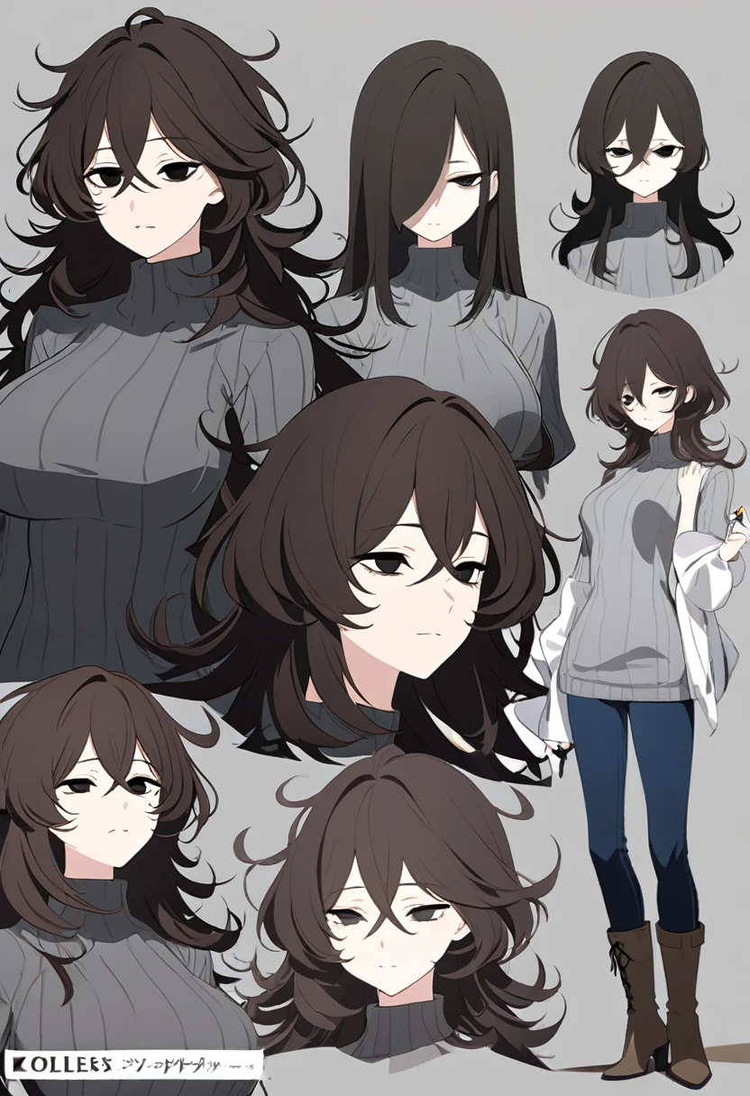 One Woman,Downer,older sister,Concept Art,Dark brown hair,Straight hair with slight inward curls,Staring eyes,Eye Ridge,black eye,Crossed bangs,whole body,smile,Larger breasts,Gray background,Bangs that reach down to the eyes,Messy hair,Tight dark jeans,Gray turtleneck sweater,Multiple views of the same character,Character Design,Dark circles under the eyes,Bad look,Listless,Sloppy,Silver Jewelry,Cafe staff,Holding a cigarette,whole bodyCharacter Design,Detailed hands,Height: 170cm,boots,Fleshy body,