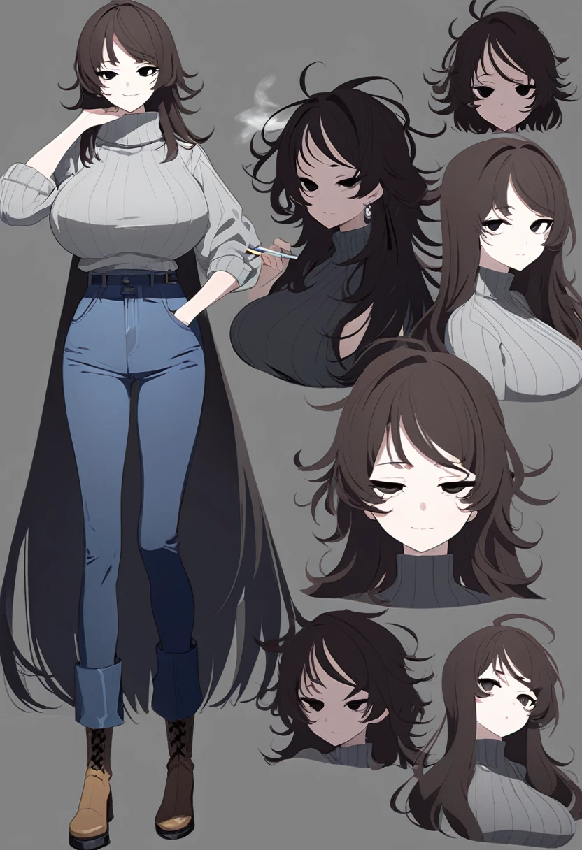 One Woman,Downer,older sister,Concept Art,Dark brown hair,Straight hair with slight inward curls,Staring eyes,Eye Ridge,black eye,Crossed bangs,whole body,smile,Larger breasts,Gray background,Bangs that reach down to the eyes,Messy hair,Tight dark jeans,Gray turtleneck sweater,Multiple views of the same character,Character Design,Dark circles under the eyes,Bad look,Listless,Sloppy,Silver Jewelry,Cafe staff,Holding a cigarette,whole bodyCharacter Design,Detailed hands,Height: 170cm,boots,Fleshy body,