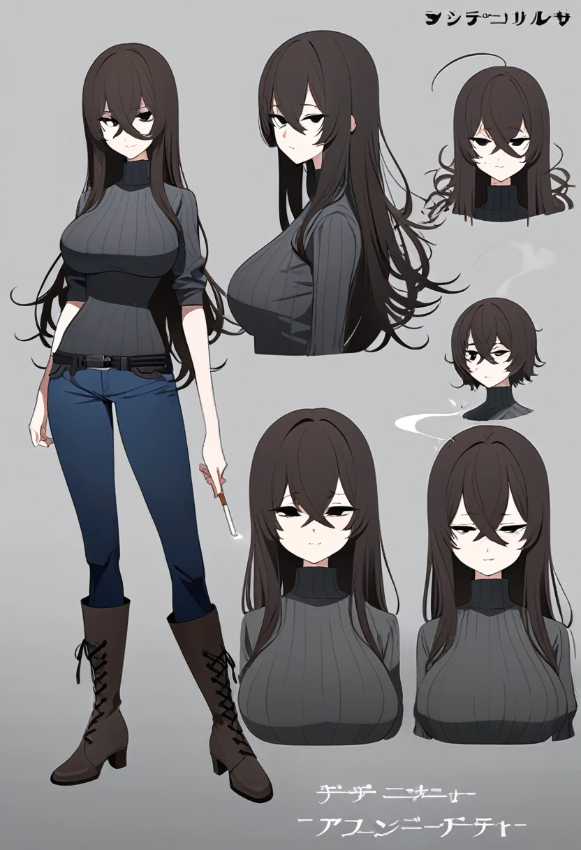 One Woman,Downer,older sister,Concept Art,Dark brown hair,Straight hair with slight inward curls,Staring eyes,Eye Ridge,black eye,Crossed bangs,whole body,smile,Larger breasts,Gray background,Bangs that reach down to the eyes,Messy hair,Tight dark jeans,Gray turtleneck sweater,Multiple views of the same character,Character Design,Dark circles under the eyes,Bad look,Listless,Sloppy,Silver Jewelry,Cafe staff,Holding a cigarette,whole bodyCharacter Design,Detailed hands,Height: 170cm,boots,Fleshy body,