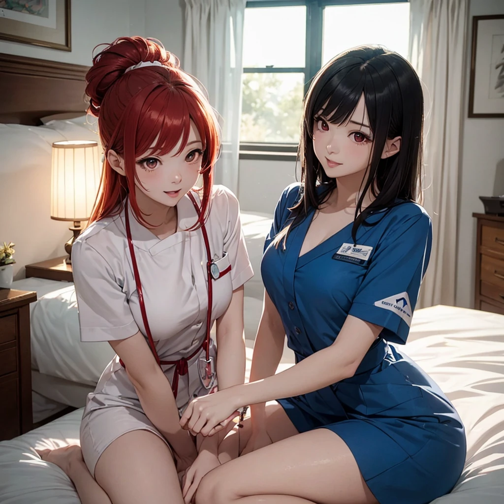 two beautiful young women, anime style, detailed faces, red hair, red eyes, delicate features, soft lighting, wearing nurse costume outfits, laughing and having fun, playful expressions, cozy and well-decorated bedroom, one sitting on the bed, the other standing nearby, various cosplay accessories scattered around, vibrant and inviting room lighting, dynamic pose, Japanese anime style, high quality, highly detailed, 8k resolution, cinematic lighting, best quality, vibrant colors, Instagrammable, aesthetic, trendy